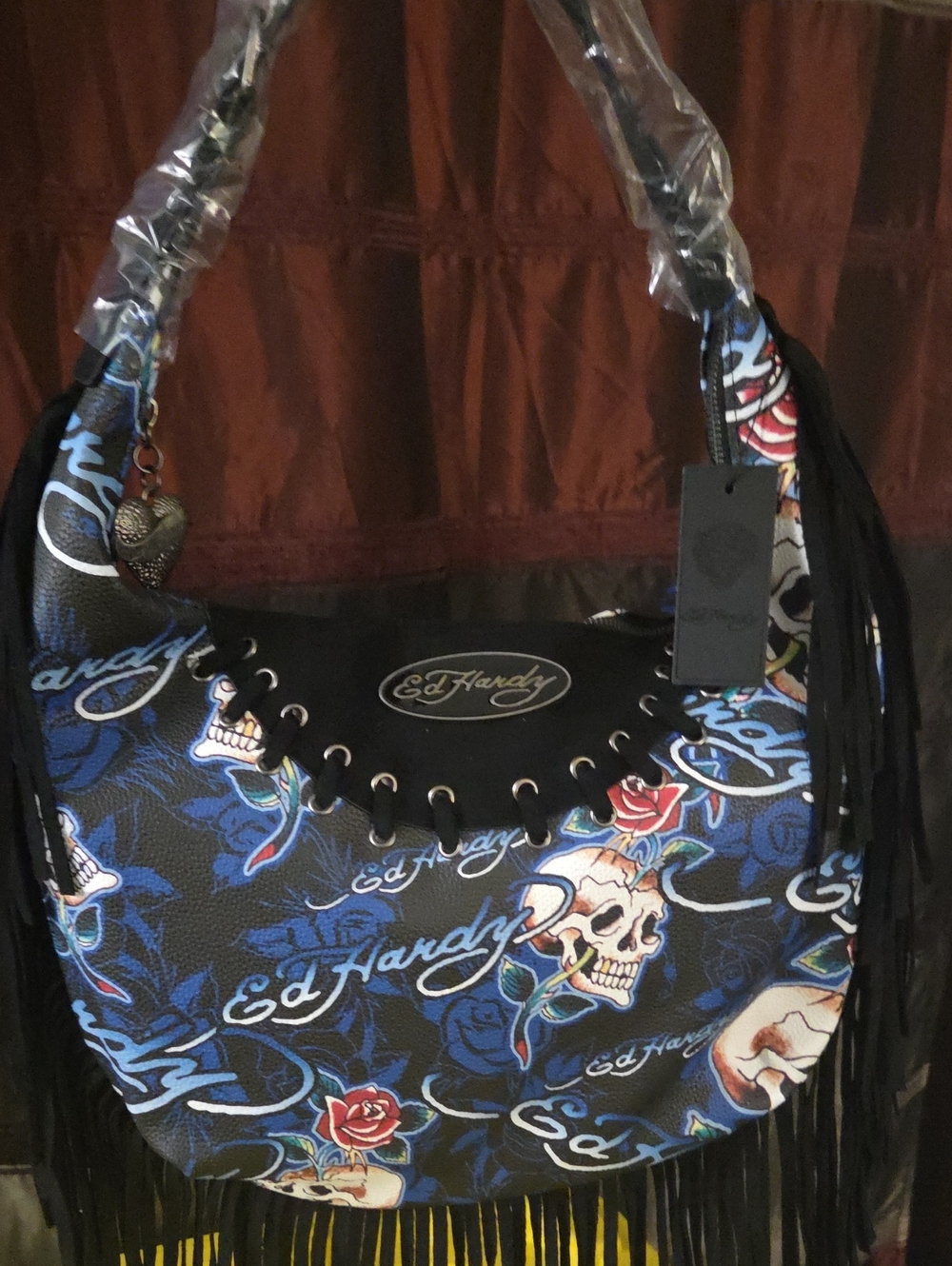Ed Hardy Black & Blue Skull Rose Fringe Shoulder Bag